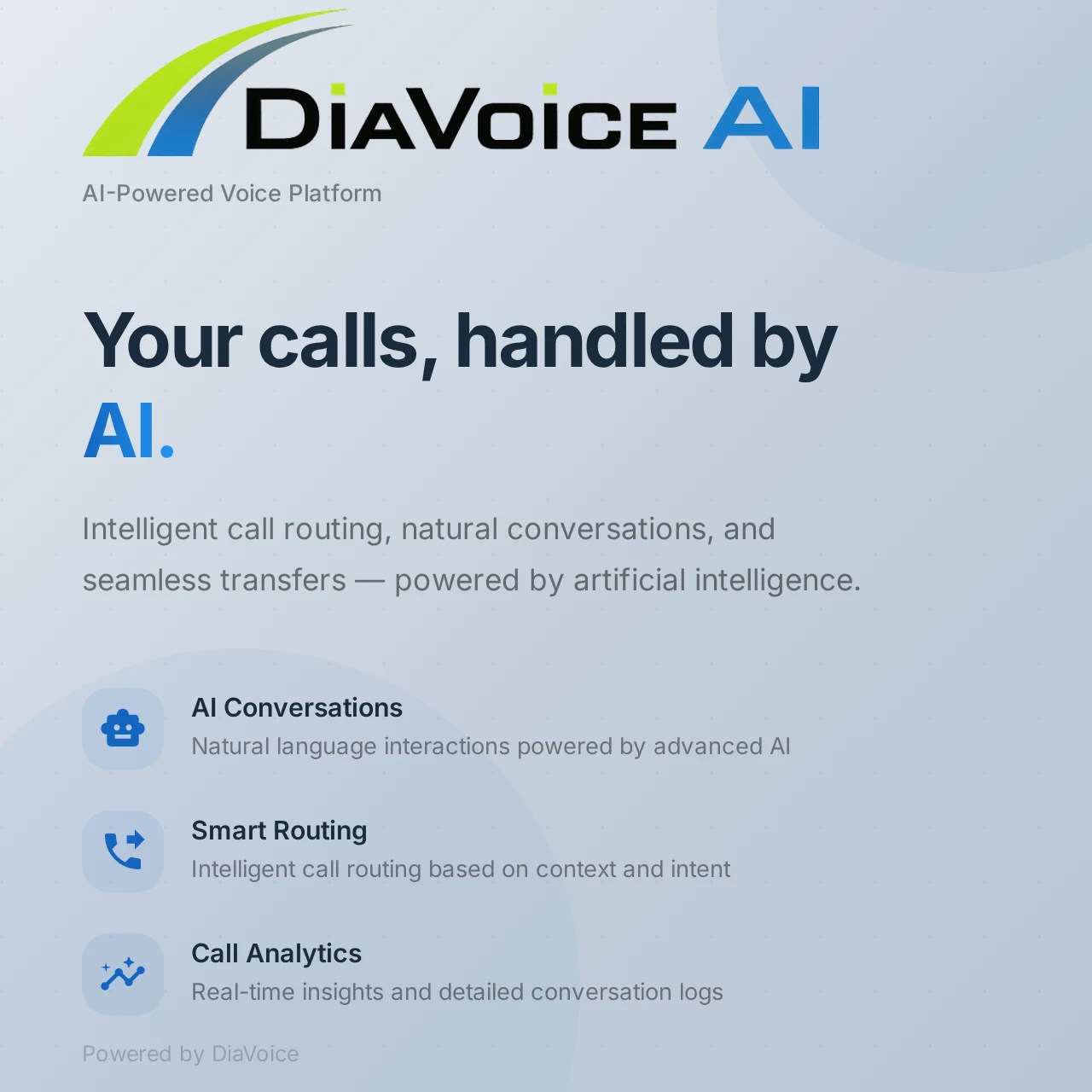 The DiaVoice AI portal — your calls, handled by AI